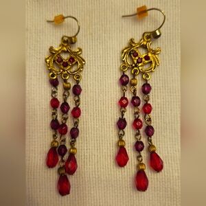 Antique Gold Tone Austrian Crystal Dangle Drop Chandelier Earrings